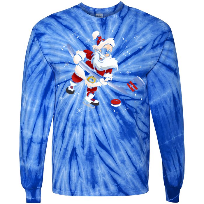 Funny Santa Christmas Ice Hockey Love Playing Celebrate Xmas Gift Tie-Dye Long Sleeve Shirt