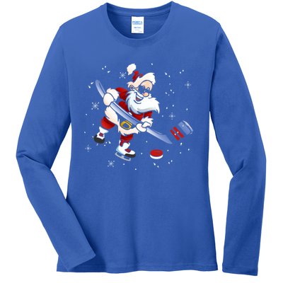 Funny Santa Christmas Ice Hockey Love Playing Celebrate Xmas Gift Ladies Long Sleeve Shirt