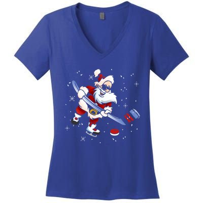 Funny Santa Christmas Ice Hockey Love Playing Celebrate Xmas Gift Women's V-Neck T-Shirt