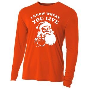 Funny Santa Christmas I Know Where You Live Cooling Performance Long Sleeve Crew