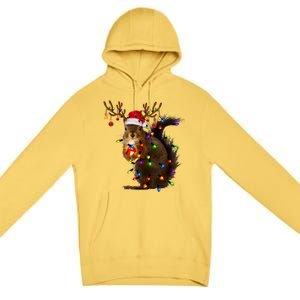 Funny Squirrel Christmas Tree Lights Reindeer Santa Hat Xmas Gift Premium Pullover Hoodie