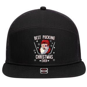 Funny Santa Claus Ice Hockey Best Pucking Christmas Gift 7 Panel Mesh Trucker Snapback Hat