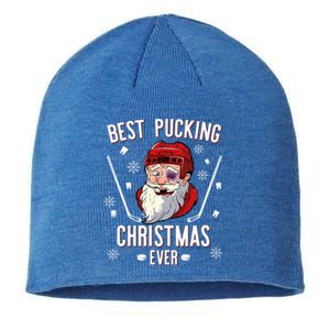 Funny Santa Claus Ice Hockey Best Pucking Christmas Gift Sustainable Beanie