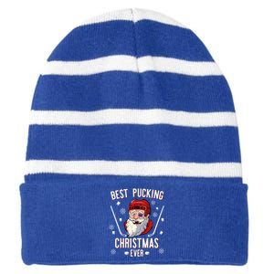 Funny Santa Claus Ice Hockey Best Pucking Christmas Gift Striped Beanie with Solid Band