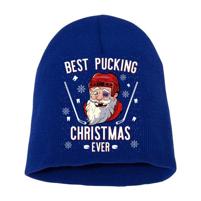 Funny Santa Claus Ice Hockey Best Pucking Christmas Gift Short Acrylic Beanie