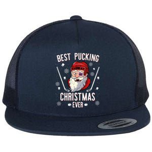 Funny Santa Claus Ice Hockey Best Pucking Christmas Gift Flat Bill Trucker Hat