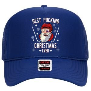 Funny Santa Claus Ice Hockey Best Pucking Christmas Gift High Crown Mesh Back Trucker Hat