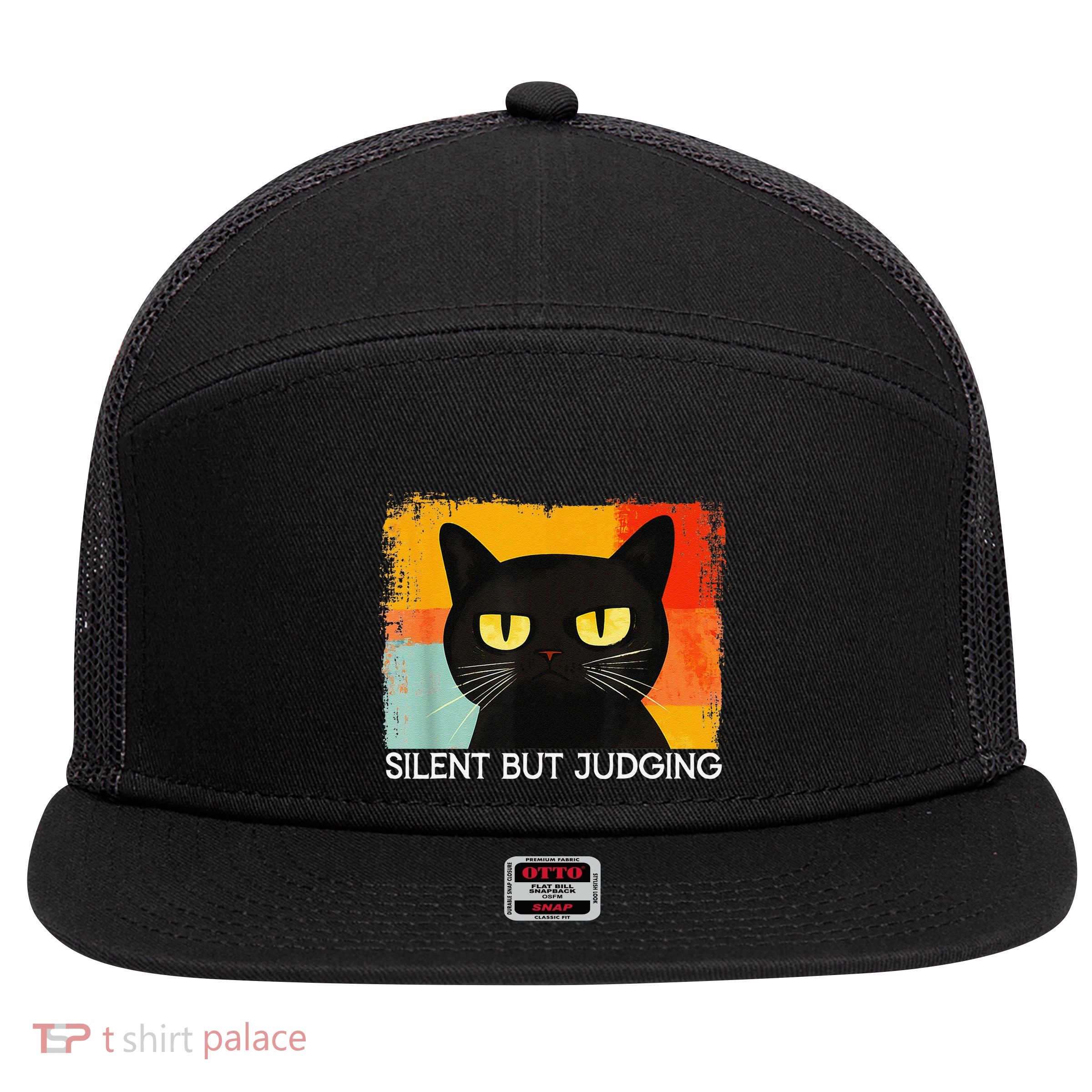 Funny Silly Cat Silent But Judging Funny Sarcastic Saying 7 Panel Mesh Trucker Snapback Hat
