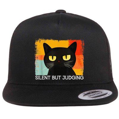 Funny Silly Cat Silent But Judging Funny Sarcastic Saying Flat Bill Trucker Hat