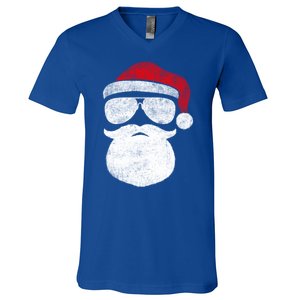 Funny Santa Claus Face Sunglasses With Hat Beard Christmas V-Neck T-Shirt