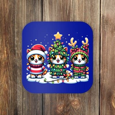 Festive Santa Cat Christmas Light Santa Reindeer Holiday Gift Coaster