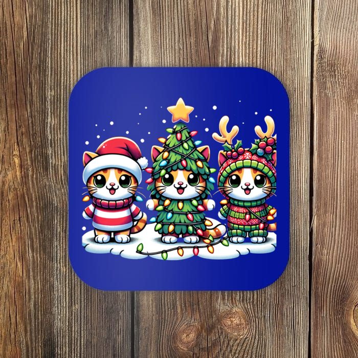 Festive Santa Cat Christmas Light Santa Reindeer Holiday Gift Coaster