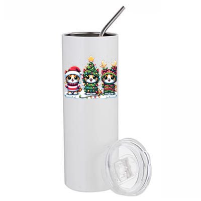 Festive Santa Cat Christmas Light Santa Reindeer Holiday Gift Stainless Steel Tumbler