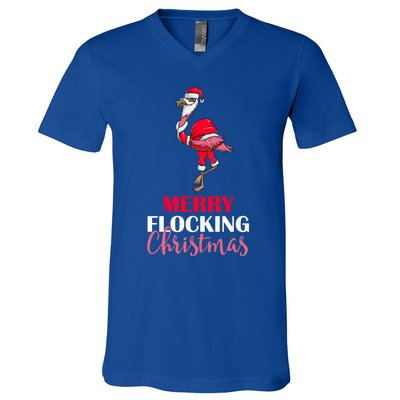 Flamingo Santa Claus Christmas Merry Flocking Christmas Pun Gift V-Neck T-Shirt