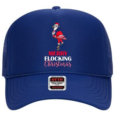 Flamingo Santa Claus Christmas Merry Flocking Christmas Pun Gift High Crown Mesh Back Trucker Hat