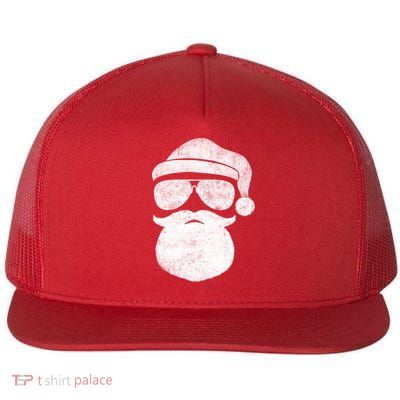 Funny Santa Claus Face Sunglasses With Hat Beard Christmas Flat Bill Trucker Hat