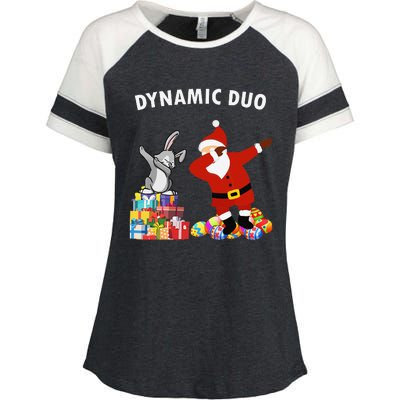 Funny Santa Claus And Easter Bunny Dynamic Duo Enza Ladies Jersey Colorblock Tee