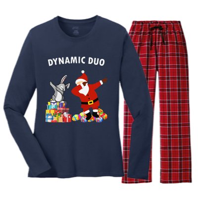 Funny Santa Claus And Easter Bunny Dynamic Duo Women's Long Sleeve Flannel Pajama Set 