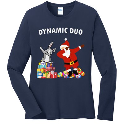 Funny Santa Claus And Easter Bunny Dynamic Duo Ladies Long Sleeve Shirt