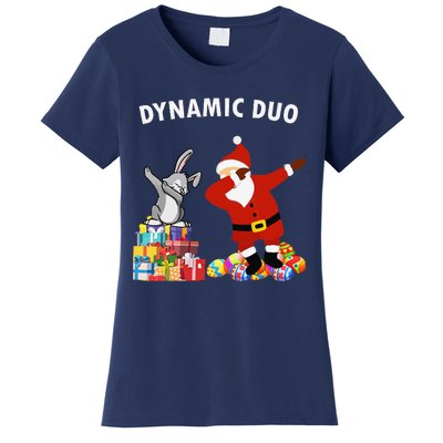 Funny Santa Claus And Easter Bunny Dynamic Duo Women's T-Shirt