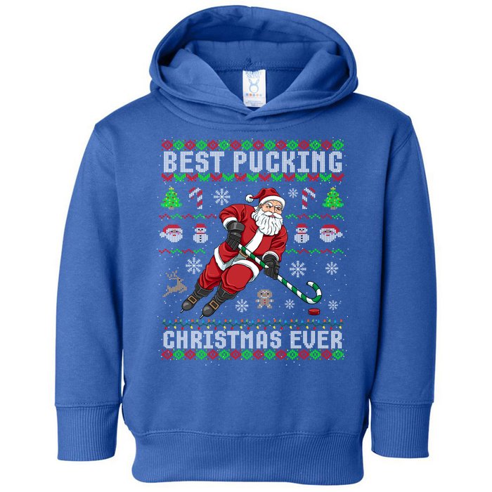 Funny Santa Claus Ugly Christmas Ice Hockey Best Pucking Gift Toddler Hoodie