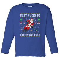 Funny Santa Claus Ugly Christmas Ice Hockey Best Pucking Gift Toddler Long Sleeve Shirt