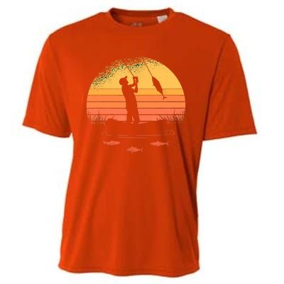 Fisherman Sunset Catching A Fish, & View Beneath The Water Fishing Cooling Performance Crew T-Shirt