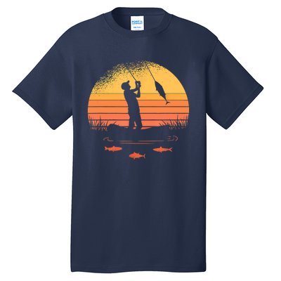 Fisherman Sunset Catching A Fish, & View Beneath The Water Fishing Tall T-Shirt