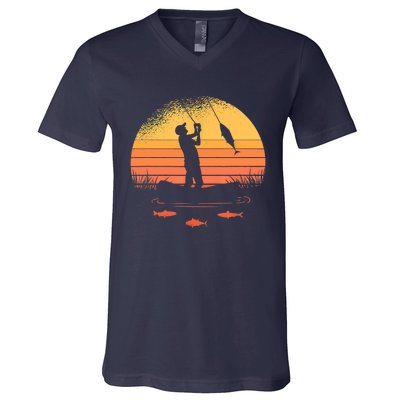 Fisherman Sunset Catching A Fish, & View Beneath The Water Fishing V-Neck T-Shirt