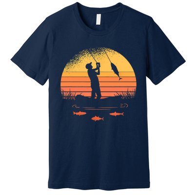 Fisherman Sunset Catching A Fish, & View Beneath The Water Fishing Premium T-Shirt