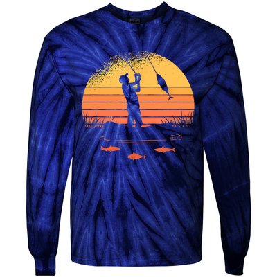 Fisherman Sunset Catching A Fish, & View Beneath The Water Fishing Tie-Dye Long Sleeve Shirt