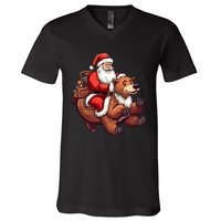 Funny Santa Claus Riding Bear Christmas Holiday Animals V-Neck T-Shirt