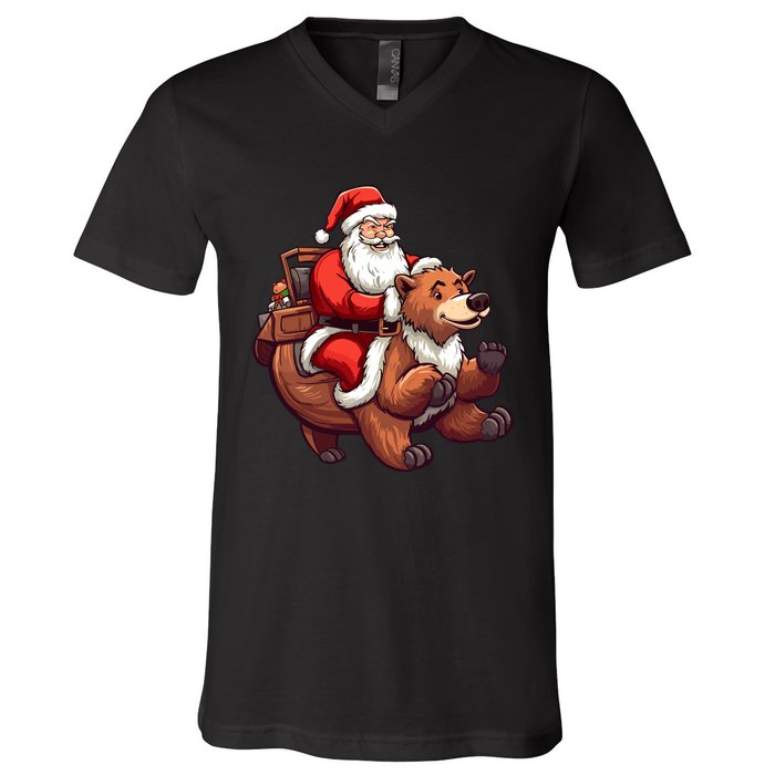 Funny Santa Claus Riding Bear Christmas Holiday Animals V-Neck T-Shirt