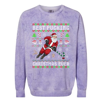 Funny Santa Claus Ugly Christmas Ice Hockey Best Pucking Gift Colorblast Crewneck Sweatshirt