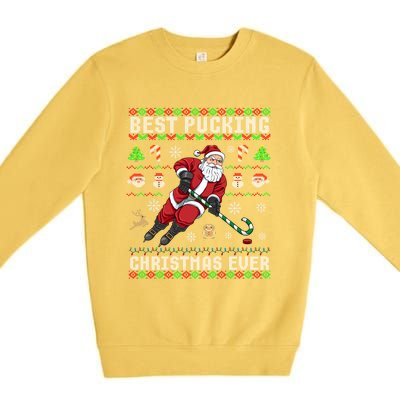 Funny Santa Claus Ugly Christmas Ice Hockey Best Pucking Gift Premium Crewneck Sweatshirt