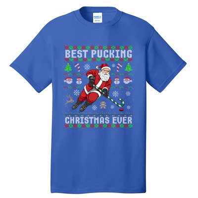 Funny Santa Claus Ugly Christmas Ice Hockey Best Pucking Gift Tall T-Shirt