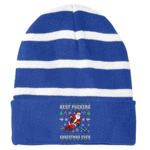 Funny Santa Claus Ugly Christmas Ice Hockey Best Pucking Gift Striped Beanie with Solid Band