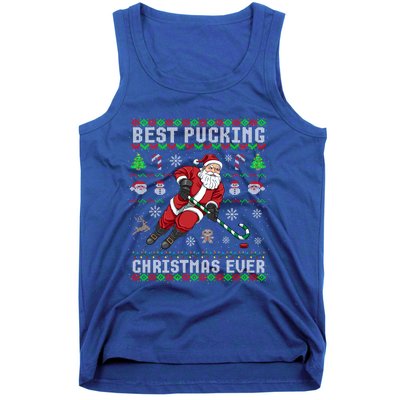 Funny Santa Claus Ugly Christmas Ice Hockey Best Pucking Gift Tank Top