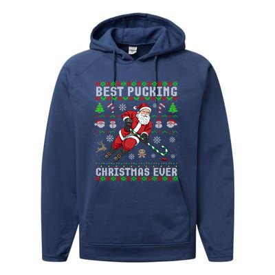 Funny Santa Claus Ugly Christmas Ice Hockey Best Pucking Gift Performance Fleece Hoodie