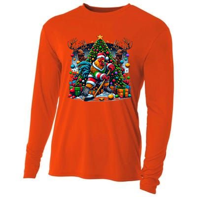 Funny Santa Chicken Playing Hockey Gift Cooling Performance Long Sleeve Crew