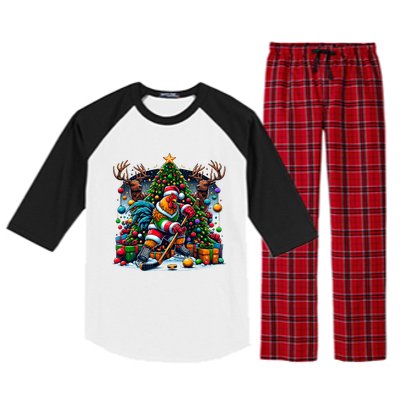 Funny Santa Chicken Playing Hockey Gift Raglan Sleeve Pajama Set