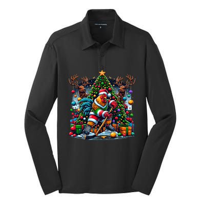 Funny Santa Chicken Playing Hockey Gift Silk Touch Performance Long Sleeve Polo