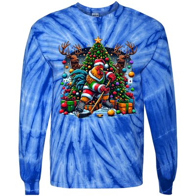 Funny Santa Chicken Playing Hockey Gift Tie-Dye Long Sleeve Shirt