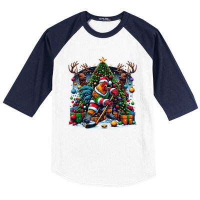 Funny Santa Chicken Playing Hockey Gift Baseball Sleeve Shirt