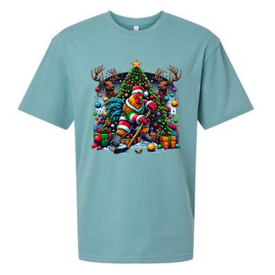 Funny Santa Chicken Playing Hockey Gift Sueded Cloud Jersey T-Shirt