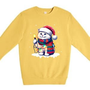 Funny Santa Cat Tangled Up In Christmas Lights Holiday Xmas Gift Premium Crewneck Sweatshirt