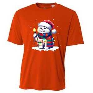 Funny Santa Cat Tangled Up In Christmas Lights Holiday Xmas Gift Cooling Performance Crew T-Shirt