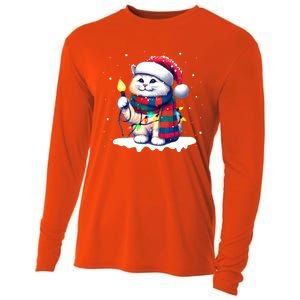 Funny Santa Cat Tangled Up In Christmas Lights Holiday Xmas Gift Cooling Performance Long Sleeve Crew