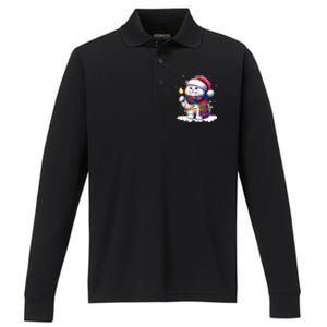 Funny Santa Cat Tangled Up In Christmas Lights Holiday Xmas Gift Performance Long Sleeve Polo