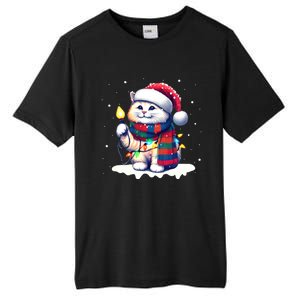 Funny Santa Cat Tangled Up In Christmas Lights Holiday Xmas Gift Tall Fusion ChromaSoft Performance T-Shirt